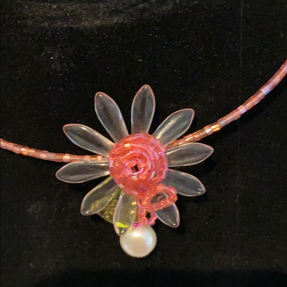 Hand beaded pink floral necklace from Europe - Picture 5 of 7